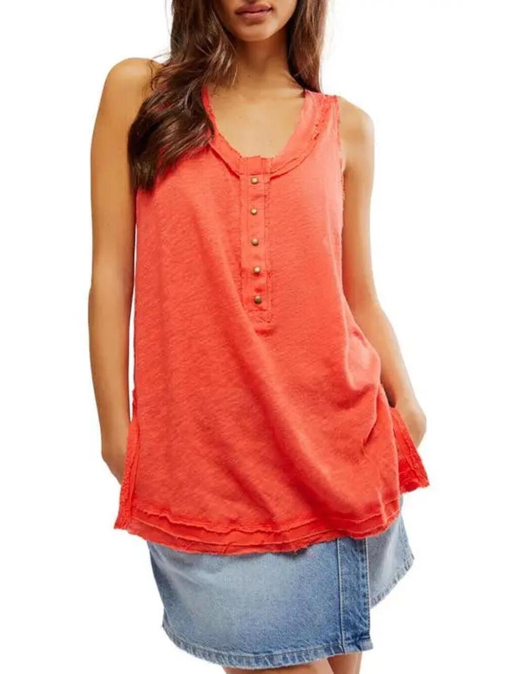 NWT Free People Love Language Red Linen Scoop Neck Henley Tank Top- Size Small